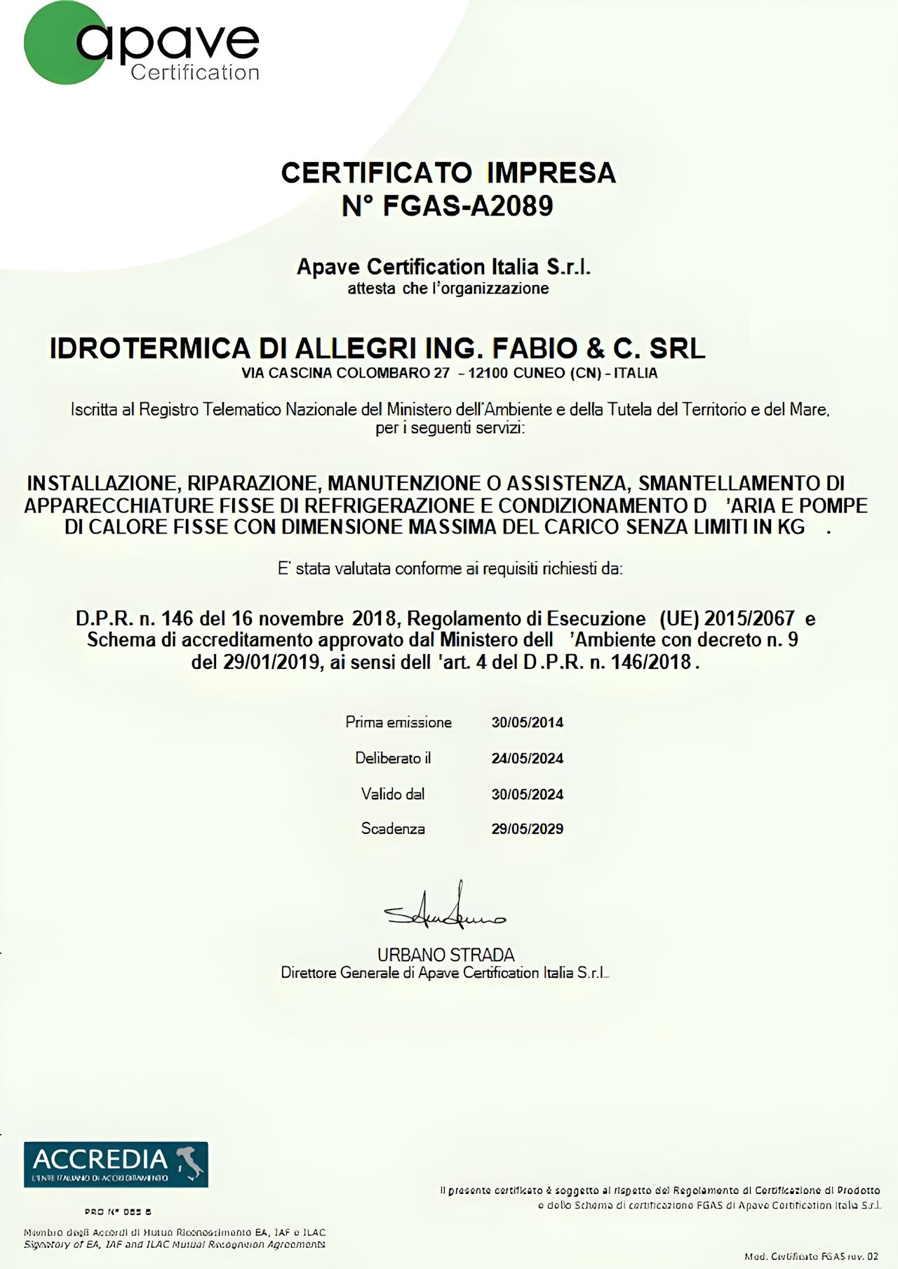 Idrotermica Allegri Certificazioni 7